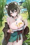  1girl ahoge animal_ear_fluff animal_ears bamboo bare_shoulders bear_ears bear_girl bear_nalu black_hair blue_sky breasts brown_eyes cleavage cloud collarbone commentary commission cowboy_shot crossed_bangs day english_commentary food_on_body food_on_breasts green_hanbok hair_between_eyes hanbok heart heart_ahoge highres honey indie_virtual_youtuber jewelry korean_clothes large_breasts lichiko looking_at_viewer low_neckline multicolored_hair necklace off_shoulder outdoors pond red_sash sash short_hair sidelocks sky smile solo standing stone_walkway streaked_hair two-tone_hair virtual_youtuber white_hair 