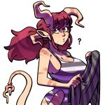  1girl ? breasts cleavage demon_girl discount-supervillain eyelashes holding holding_towel horns large_breasts long_hair one-piece_swimsuit original red_hair solo striped_skin swimsuit towel twintails wet 