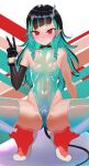  1girl alternate_costume black_choker black_gloves black_hair blue_hair blue_leotard blue_thighhighs blush boots buren choker closed_mouth commentary_request covered_nipples demon_girl demon_horns demon_tail double_v fang fang_out flat_chest full_body gloves highres horns leotard long_hair looking_at_viewer multicolored_hair nanashi_inc. pointy_ears red_boots red_eyes shishio_chris smile solo tail thighhighs two-tone_hair v virtual_youtuber 
