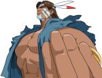  1boy bare_shoulders beckoning bengus brown_hair facepaint forked_eyebrows from_below frown game_cg headdress highres long_hair muscular muscular_male native_american native_american_headdress non-web_source official_art portrait scowl simple_background solo street_fighter street_fighter_zero_(series) thunder_hawk torn_clothes torn_sleeves upper_body v-shaped_eyebrows white_background white_facepaint 