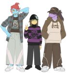  1other 2girls :| alternate_hairstyle arm_behind_head black_shirt blue_skin brown_hair brown_hoodie brown_pants closed_mouth colored_skin deltarune drawstring facing_viewer fins flannel freckles full_body furry furry_female hand_on_own_hip hands_in_pockets head_fins highres hood hoodie kris_(deltarune) looking_at_viewer multiple_girls pants ponytail purple_skin red_hair shaded_face shirt shoes short_hair simple_background sneakers standing susie_(deltarune) ttudolee undyne v white_background white_pants white_shoes 