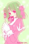  1girl 2000s_(style) bad_id blush bow box closed_mouth dress english_text flower gloves green_background green_hair hair_bow heart-shaped_box holding holding_flower juliet_sleeves long_sleeves looking_at_viewer lowres pink_bow pink_dress pink_eyes priest_(ragnarok_online) puffy_sleeves ragnarok_online rose short_hair simple_background smile solo tachibana_sakuya_(matsurika) upper_body white_gloves 