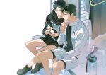  2boys black_hair black_jacket black_shirt black_shoes black_shorts blue_eyes bottle brown_eyes brown_hair cellphone clothes_hanger commentary crew_neck fandangyu haikyuu!! hand_on_own_chin hashtag-only_commentary highres holding holding_phone jacket kageyama_tobio looking_at_phone lower_teeth_only male_focus multiple_boys open_mouth parted_hair phone shirt shoes shorts sitting teeth track_jacket unworn_clothes ushijima_wakatoshi white_background white_jacket white_shorts 