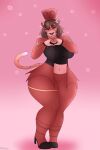 absurd_res anthro big_butt boots breasts brown_hair butt clothed clothing curvy_figure felid feline female footwear hair hat headgear headwear hi_res in_heat_(game) looking_at_viewer mammal pantherine photolol.03 pink_eyes sammy_(in_heat) shoes shoulder_pads simple_background solo thick_thighs tiger top_hat wide_hips
