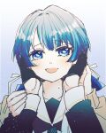  2girls :d black_gloves blue_eyes blue_hair blue_ribbon brown_cardigan cardigan collarbone commentary_request dress female_pov gloves gradient_hair hair_ribbon half_gloves hands_on_another&#039;s_cheeks hands_on_another&#039;s_face hasu_no_sora_school_uniform highres kanduki_kamibukuro light_particles link!_like!_love_live! long_hair long_sleeves looking_at_viewer love_live! low_twintails multicolored_hair multiple_girls murano_sayaka open_cardigan open_clothes open_mouth pov pov_hands purple_background ribbon sailor_collar sailor_dress school_uniform simple_background smile twintails virtual_youtuber white_sailor_collar winter_uniform yugiri_tsuzuri yuri 