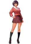  1girl :3 arm_at_side azumanga_daioh azumanga_daioh&#039;s_school_uniform black_socks breasts brown_eyes brown_hair brown_shoes bujiankang clenched_hand closed_mouth commentary contrapposto dark-skinned_female dark_skin hair_between_eyes hand_on_own_hip highres kagura_(azumanga_daioh) kneehighs large_breasts loafers long_sleeves looking_at_viewer neck_ribbon pink_serafuku pink_shirt pleated_skirt red_ribbon ribbon sailor_collar school_uniform serafuku shirt shoes short_hair simple_background skirt smile smug socks solo standing toned toned_female white_background white_sailor_collar winter_uniform 