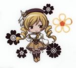  1girl absurdres beret blonde_hair boots chibi corset cup drill_hair flower hat highres holding holding_cup light_smile magical_girl mahou_shoujo_madoka_magica non-web_source official_art scan skirt smile soul_gem striped_clothes striped_thighhighs teacup thighhighs tomoe_mami tomoe_mami_(magical_girl) twin_drills vertical-striped_clothes vertical-striped_thighhighs white_background yellow_eyes yellow_skirt 