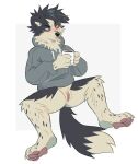 andromorph big_clitoris black_body black_fur black_nose border_collie bottomless canid canine canis cheek_tuft clitoris clothed clothing collie container cup domestic_dog facial_tuft floppy_ears front_view fur genitals grey_clothing grey_eyes grey_hoodie grey_topwear herding_dog holding_container holding_cup holding_mug holding_object hoodie humanoid_genitalia humanoid_vulva intersex kaden_(princelykaden) leg_tuft male_(lore) mammal mouth_closed mug narrowed_eyes neck_tuft pastoral_dog princelykaden sheepdog solo spotted_legs spread_legs spreading topwear tuft vulva white_body white_fur white_vulva yellow_sclera