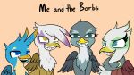  2020 avian beak blue_body blue_eyes blue_feathers digital_media_(artwork) eyelashes feathers female feral friendship_is_magic gabby_(mlp) gallus_(mlp) gilda_(mlp) green_body green_eyes green_feathers greta_(mlp) grin group gryphon hasbro hi_res male me_and_the_boys meme my_little_pony mythological_avian mythology simple_background smile tan_body tan_feathers teeth tjpones tuft white_body white_feathers wings yellow_eyes 