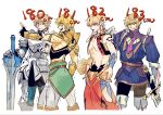  4boys bags_under_eyes blonde_hair blue_eyes color_connection cropped_vest earrings fate/grand_order fate_(series) fingerless_gloves gauntlets gawain_(fate) gilgamesh_(caster)_(fate) gilgamesh_(fate) gloves grin hair_color_connection hand_on_another&#039;s_shoulder height_connection highres holding holding_stone_tablet holding_sword holding_weapon jason_(fate) jewelry male_focus multiple_boys navel necktie open_mouth planted planted_sword pointing red_eyes roland_(fate) short_necktie shoulder_tattoo smile stone_tablet sword tattoo tetro_mino361 trembling turtleneck vambraces vest weapon white_gloves yellow_eyes 