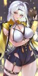  1girl arm_under_breasts armlet black_gloves black_shorts black_thighhighs breasts cleavage_cutout closed_mouth clothing_cutout fingerless_gloves gloves hair_ornament hand_up highres jacket jewelry large_breasts long_hair mole mole_on_breast revision shorts skindentation smile solo thigh_strap thighhighs toyoman white_hair yellow_eyes yellow_jacket yixuan_(zenless_zone_zero) zenless_zone_zero 