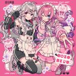  2girls ;) alternate_costume amagi_hana apron asymmetrical_legwear bandaid bandaid_on_knee bandaid_on_leg bare_shoulders black_dress black_thighhighs blue_eyes blush border closed_mouth commentary_request detached_sleeves dress enmaided frilled_apron frills full_body grey_hair grey_thighhighs grid_background hair_ornament hairclip hand_up heterochromia highres ishigami_nozomi kuramochi_meruto long_hair long_sleeves looking_at_viewer maid mismatched_legwear multiple_girls nail_polish nijisanji one_eye_closed outside_border outstretched_arm parallel_hairclips pink_border pink_hair pink_nails pink_thighhighs purple_eyes shoes single_thighhigh sleeveless sleeveless_dress smile thighhighs v virtual_youtuber watermark white_apron white_background white_shoes wing_hair_ornament 