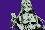  1girl armlet ball breasts cleavage collarbone commentary_request dragon_quest dragon_quest_iv dragon_quest_x earrings envelope forehead_protector greyscale_with_colored_background holding holding_ball holding_envelope jewelry large_breasts long_hair looking_to_the_side minea_(dq4) necklace ozogori_(user_tzaz2447) parted_hair purple_background solo sphere_earrings upper_body 