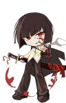  05_soleil 1girl :d black_gloves blood blood_on_clothes blood_on_hands blunt_bangs bob_cut chibi chibi_only cigarette collared_shirt colored_sclera fighting_stance floating_blood full_body gloves grin hand_on_sheath hemokinesis holding holding_sheath jacket jacket_on_shoulders lcb_uniform_(project_moon) leaning_back limbus_company looking_at_viewer offering_hand outstretched_hand project_moon red_eyes red_ribbon ribbon ryoshu_(project_moon) sheath shirt short_hair single_glove smile smoking smug solo spread_legs white_background white_shirt yellow_sclera 