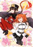  1boy 1girl :d ahoge belt black_belt black_cape black_hair black_hat black_pantyhose black_shoes black_skirt blurry blurry_background blurry_foreground boots breasts brown_belt cape center-flap_bangs chaldea_uniform character_name chest_belt clenched_hands collared_shirt colored_shadow confetti copyright_name cover crest crossed_bangs drop_shadow falling family_crest fanbook fate/grand_order fate_(series) fiery_hair floating_cape floating_hair fujimaru_ritsuka_(female) full_body gloves gradient_hair grey_gloves hair_between_eyes hands_up hat high_collar highres jacket kepi knee_boots knees_together_feet_apart knees_up legs_up light_blush long_hair long_sleeves looking_at_another looking_at_viewer low_ponytail medium_hair military_hat military_jacket military_uniform miniskirt multicolored_hair oda_nobukatsu_(fate) oda_uri one_eye_closed one_side_up open_mouth orange_eyes orange_hair pants pantyhose pleated_skirt ponytail red_eyes red_hair red_jacket red_pants scrunchie shadow shirt shoes sidelocks skirt smile t_kattu v-shaped_eyebrows very_long_hair white_background white_boots white_shirt yellow_scrunchie 