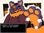 2025 3_toes 4:3 animate_inanimate anthro button_(fastener) clothing darkner deltarune dialogue dialogue_box domestic_cat english_text eyes_closed feet felid feline felis foot_fetish foot_focus fur fur_tuft hi_res laugh living_plushie male mammal open_mouth open_smile orange_inner_ear orange_pawpads patugh pawpads paws plushie purple_body purple_fur seam_(deltarune) smile solo teeth text tickle_fetish tickling tickling_feet toes topwear tuft undertale_(series)