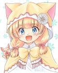  1girl akihara_ryou animal_ear_headwear blonde_hair blue_eyes fam_valhoef flower hair_flower hair_ornament highres hood iris_mysteria! looking_at_viewer pet pig pointy_ears ribbon smile upper_body yellow_hood yellow_ribbon 