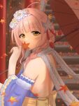  1girl absurdres ahoge autumn_leaves ayukawa_koto back_ribbon bare_shoulders braid flower frilled_sleeves frills from_side hair_flower hair_ornament highres iris_mysteria! leaf long_hair looking_at_viewer maple_leaf oil-paper_umbrella pink_hair ribbon sigure_hazime stairs stone_stairs torii umbrella yellow_ribbon 