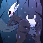 1:1 arthropod big_butt black_body blush blush_lines breasts butt butt_grab cloak clothing drcreamsoul duo empty_eyes female hand_on_butt hollow_knight horn hornet_(hollow_knight) humanoid insect male no_pupils nude rear_view surprise surprised_expression team_cherry the_knight_(hollow_knight) vessel_(species)