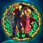  1boy 1girl aerith_gainsborough armor artist_name belt belt_buckle black_belt black_wings blonde_hair blue_pants braid brown_belt brown_gloves brown_shoes buckle buster_sword cape closed_eyes closed_mouth cloud_strife commentary dive_to_the_heart dress english_commentary final_fantasy final_fantasy_vii gloves height_difference highres holding holding_sword holding_weapon hollypolllyy kingdom_hearts kingdom_hearts_i lips nomura_tetsuya_(style) official_alternate_costume own_hands_together pants parted_bangs pauldrons pink_dress pink_lips pink_ribbon profile purple_belt red_cape ribbon shoes shoulder_armor single_pauldron single_wing spiked_hair stained_glass sword torn_cape torn_clothes weapon wings 