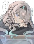  aroha252538 black_hairband black_shirt black_sleeves blush desk firefly_(honkai:_star_rail) gradient_eyes gradient_hair green_pupils grey_hair hair_between_eyes hair_intakes hair_ornament hair_ribbon hairband highres honkai:_star_rail honkai_(series) long_hair long_sleeves multicolored_eyes multicolored_hair on_desk one_eye_closed open_mouth ribbon shirt smile speech_bubble twitter_username 