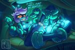 2_fingers 2_toes antennae_(anatomy) anthro anus arthropod bdsm beetle blue_body blue_skin bondage bound breasts butt consentacles dialogue dripping elateroid feet female fingers firefly flat_chested genitals glowing glowing_body glowing_eyes glowing_genitalia glowing_markings glowing_nipples goo_creature gossamer_(raunchyhaunches) hair hi_res insect leaf lying markings nipples on_back orange_eyes orange_sclera penis penis_tentacles penis_tip pixie_cut presenting purple_hair raunchyhaunches sex slim slime small_breasts smile speech_bubble spots spread_butt spread_legs spreading tentacle_sex tentacles toes vulva wrapped_arms wrapped_legs wrapped_up