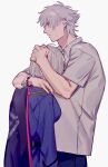  1boy 1girl adam&#039;s_apple antenna_hair aohitsugi_nemu aohitsugi_samatoki arms_at_sides bead_bracelet beads belt black_cape blank_stare blue_jacket bracelet breasts brother_and_sister cape collared_shirt covered_face cowboy_shot denim ear_piercing earrings fingernails from_side hair_between_eyes hand_on_another&#039;s_head hand_on_another&#039;s_shoulder head_on_another&#039;s_chest height_difference highres hoop_earrings hug hypnosis_mic jacket jeans jewelry large_breasts light_frown long_sleeves looking_ahead no_headwear pants piercing pink_trim profile red_eyes serious shirt short_hair short_sleeves siblings simple_background twitter_username urata_(kogasitata) white_background white_hair white_shirt 