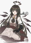  1girl arknights artist_name black_eyes black_gloves black_hair blunt_bangs broken_halo dark_halo desk elbow_gloves energy_wings gloves halo hand_on_table harukan_tiusu highres hime_cut jacket layered_sleeves long_hair long_sleeves looking_at_viewer short-sleeved_jacket short_over_long_sleeves short_sleeves smile solo table virtuosa_(arknights) white_background wings 