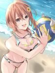  1girl ao_no_kiseki ball beach bikini breasts brown_eyes brown_hair cleavage crop_top crossed_bangs double-parted_bangs eiyuu_densetsu flower hair_flower hair_ornament holding holding_ball jewelry mixed-language_commentary natsumikan_(hom08e) navel necklace noel_seeker ocean open_mouth outdoors smile solo sunflower swimsuit volleyball zero_no_kiseki 