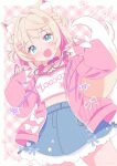  1girl absurdres animal_ear_fluff animal_ears blonde_hair blue_eyes blue_skirt blush braid camisole clothes_writing commentary_request dog_ears dog_girl dog_tail double-parted_bangs dutch_angle fang frilled_camisole frilled_straps frills gingham_background hair_intakes hair_ornament highres hinata_hirune hololive hololive_english jacket long_sleeves looking_at_viewer mococo_abyssgard mococo_abyssgard_(casual) multicolored_hair official_alternate_costume official_alternate_hairstyle open_clothes open_jacket pinching_sleeves pink_background pink_hair pink_jacket short_hair side_braids signature skin_fang skirt solo streaked_hair tail two_side_up virtual_youtuber w_arms white_camisole x_hair_ornament 