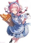  1girl :d ^_^ alternate_costume animal_ears animal_on_shoulder apron arched_bangs back_bow bag baguette black_bow blue_apron blue_flower blue_headdress blue_skirt blush bow braid bread breasts character-themed_food churro closed_eyes closed_mouth collared_shirt commentary_request croissant cup dress enmaided facing_viewer floating_hair flower food foot_out_of_frame frilled_apron frilled_skirt frills gingham gingham_apron grin hair_bow highres higuchi_kaede holding holding_bag holding_tray hoshikawa_sara kanae_(nijisanji) kemonomimi_mode knees_together_feet_apart leos_vincent long_hair maid maid_headdress nanajigen_seitokai_(nijisanji) nijisanji nijisanji_gta oumiomi pink_hair puffy_short_sleeves puffy_sleeves rabbit ryuushen saegusa_akina saucer shirt short_sleeves simple_background skirt small_breasts smile solo standing suo_sango teacup tray twin_braids twitter_username virtual_youtuber white_background white_shirt 