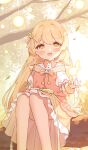  1girl :d blonde_hair branch brown_eyes brown_skirt brown_vest collared_shirt commentary_request convenient_leg feet_out_of_frame frilled_skirt frills hair_intakes highres in_tree long_hair looking_at_viewer original puffy_short_sleeves puffy_sleeves satsuki_yukimi shirt short_sleeves sitting skirt smile solo tree very_long_hair vest white_shirt wrist_cuffs 