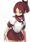  1girl black_neckerchief black_ribbon closed_mouth commentary_request hair_ribbon highres kantai_collection kusomisoni neckerchief orange_eyes ponytail red_hair red_sailor_collar red_skirt ribbon sailor_collar school_uniform serafuku shikinami_(kancolle) short_sleeves simple_background skirt solo twitter_username white_background 