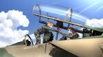  2girls aircraft airplane black_vest blonde_hair blue_eyes blue_sky brown_hair canopy_(aircraft) closed_mouth cloud cockpit commission english_commentary f-15_eagle fighter_jet fist_bump flight_suit gloves green_gloves green_jumpsuit half_crown_braid highres jumpsuit medium_hair military_vehicle multiple_girls open_cockpit original outdoors pilot pouch short_hair sidelocks signature sitting sky smile standing sunlight unit_patch updo vest zero_(73ro) 