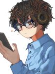  1boy 4rane_tu bags_under_eyes black_eyes black_hair blue-framed_eyewear blue_shirt cellphone closed_mouth collarbone curled_horns glasses hair_between_eyes highres holding holding_phone horns long_sleeves male_focus multicolored_eyes orange_eyes orange_hair original phone ringed_eyes shirt simple_background smartphone solo star_(symbol) upper_body white_background 