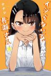 1girl 774_(nanashi) black_hair brown_eyes closed_mouth collared_shirt cover cover_page doujin_cover earrings highres ijiranaide_nagatoro-san jewelry long_hair looking_at_viewer nagatoro_hayase official_art orange_background school_uniform shirt simple_background single_earring smile solo tan white_shirt 