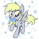  blonde_hair cutie_mark derpy_hooves_(mlp) digital_media_(artwork) equid equine eyelashes female feral friendship_is_magic grey_body hair hasbro hi_res letter mammal mouth_hold my_little_pony pegasus pfeffaroo smile solo wings yellow_tail 