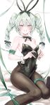  1girl absurdres alternate_costume alternate_hairstyle animal_ears aqua_bow aqua_eyes aqua_hair aqua_ribbon arm_bow arm_ribbon bare_shoulders bicute_bunnies_miku black_bow black_bowtie black_leotard black_pantyhose bow bowtie braided_twintails breasts cleavage collar commentary_request detached_collar double-parted_bangs eyelashes fake_animal_ears feet_out_of_frame frilled_leotard frills grin hair_between_eyes hair_bow hatsune_miku heart heart_hands highres leg_ribbon leotard light_blush long_bangs long_hair looking_at_viewer muted_color on_bed open_mouth pantyhose pantyhose_under_leotard playboy_bunny rabbit_ears raised_inner_eyebrows ribbon sitting small_breasts smile solo someang sweat thigh_bow thigh_ribbon turning_head vocaloid white_collar wrist_cuffs 