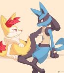  ancesra anthro blush braixen duo female fluffy fluffy_tail looking_at_another low_res lucario male male/female nintendo pok&eacute;mon pok&eacute;mon_(species) simple_background video_games 