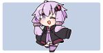  1girl ;d black_hoodie black_shoes blue_background blush border chibi chibi_only dress full_body hair_ornament hood hoodie ini_(inunabe00) long_sleeves looking_at_viewer one_eye_closed open_clothes open_hoodie open_mouth outline outside_border purple_dress purple_hair purple_thighhighs shoes short_hair_with_long_locks simple_background sleeves_past_fingers sleeves_past_wrists smile solo standing thighhighs vocaloid voiceroid white_border white_outline yuzuki_yukari 