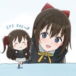  ^_^ absurdres bent_over black_jacket blue_eyes blush bow brown_hair chibi closed_eyes collared_shirt hair_between_eyes hair_bow highres jacket long_hair looking_at_another love_live! love_live!_nijigasaki_high_school_idol_club neck_ribbon nijigasaki_school_uniform one_side_up open_mouth osaka_shizuku plaid_clothes plaid_skirt red_bow ribbon school_uniform shirt sidelocks skirt smile tata_(tataice) translation_request white_background white_skirt winter_uniform yellow_ribbon 