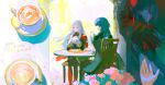  2girls absurdres artuvia cape chair cup edelgard_von_hresvelg female_byleth_(fire_emblem) fire_emblem fire_emblem:_three_houses flower green_hair highres long_hair multiple_girls purple_eyes red_cape red_flower sitting teacup white_hair 