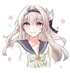  1girl black_hairband bow bowtie checkered_bow checkered_bowtie checkered_clothes closed_mouth firefly_(honkai:_star_rail) firefly_(spring_missive)_(honkai:_star_rail) floral_background floral_print flower funafu gradient_eyes gradient_hair green_bow green_bowtie green_pupils grey_sailor_collar hair_ornament hair_ribbon hairband honkai:_star_rail honkai_(series) multicolored_eyes multicolored_hair ribbon sailor_collar simple_background smile solo two-tone_eyes upper_body white_background 