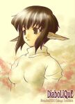  1girl 2000 2000s_(style) aria_(diabolique) bad_id breasts brown_background brown_eyes brown_hair closed_mouth diabolique expressionless looking_afar lowres medium_breasts pointy_ears short_hair slit_pupils solo sweater tachibana_sakuya_(matsurika) upper_body white_sweater 