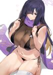 1girl bandages bare_shoulders barefoot bikini black_bikini blush breasts cleavage closed_mouth curvy fishnets from_above hair_over_one_eye ikuchan_kaoru large_breasts long_hair navel original purple_eyes purple_scarf scarf sitting solo swimsuit thighs tsukuyo_(blue_archive) white_background 