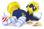 3:2 absurd_res anus blonde_hair blue_body blush clothing computer cutie_mark czu drinking_straw electronics equid equine fan_character female feral food footwear genitals hair hasbro hi_res hoodie laptop legwear mammal my_little_pony mythological_creature mythological_equine mythology naveen_numbers pattern_clothing pattern_footwear pattern_legwear pattern_socks pegasus pizza puffy_anus simple_background socks soda_cup solo striped_clothing striped_footwear striped_socks stripes tail topwear vulva white_background wings yellow_tail