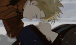  2boys animification black_hair blonde_hair blue_eyes blue_hat blue_shirt blush brown_jacket closed_mouth cuf_nayl day fur-trimmed_jacket fur_trim hat jacket kenny_mccormick long_sleeves looking_at_another looking_down looking_up lying male_focus messy_hair multiple_boys on_back orange_jacket outdoors pom_pom_(clothes) puffy_long_sleeves puffy_sleeves shirt short_hair smile snow snow_on_head snow_on_headwear south_park stan_marsh winter 