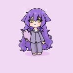  1girl bare_shoulders blush camisole chibi closed_mouth collared_shirt commentary_request dress_shirt frilled_pillow frills full_body grey_pajamas grey_pants grey_shirt hair_between_eyes highres holding holding_pillow honkai_(series) honkai_impact_3rd long_hair looking_at_viewer mokkyo_(motkyo) off_shoulder pajamas pants pillow pink_background purple_hair shadow shirt simple_background sirin solo standing very_long_hair white_camisole yellow_eyes 