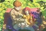  1boy 1girl aged_down blanket braid brown_hair brown_sweater child dress eurasia_enne_zahard family father_and_daughter flower glasses grass hand_on_own_knee highres holding holding_flower kapxapius leaf long_hair looking_at_another open_mouth orange_dress orange_eyes original po_bidau_gustang red_hair red_shoes shoes short_hair smile sweater teeth tower_of_god upper_teeth_only wind yellow_flower 