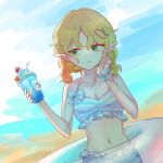  1girl :q alternate_costume bikini blonde_hair blue_bikini blue_hawaii blue_sky breasts cherry closed_mouth commentary day fixer_(xfsl45hm4u5wkw4) food food-themed_hair_ornament frilled_bikini frills fruit green_eyes hair_ornament highres lemon_hair_ornament looking_afar looking_to_the_side medium_breasts mizuhashi_parsee navel pointy_ears short_hair sky smile solo striped_bikini striped_clothes swimsuit tongue tongue_out touhou transparent_innertube upper_body white_bikini 